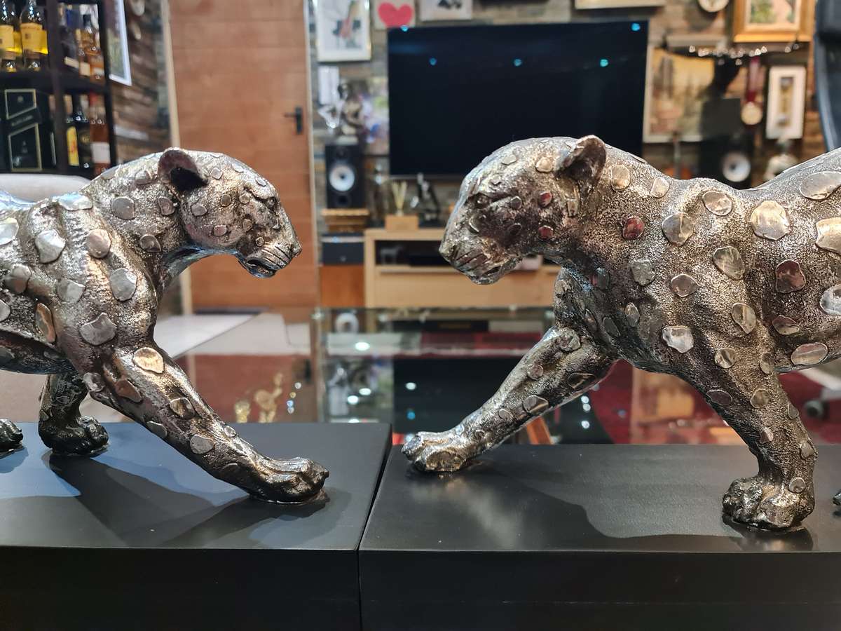 Silver Stalking Leopards  on Wooden Base