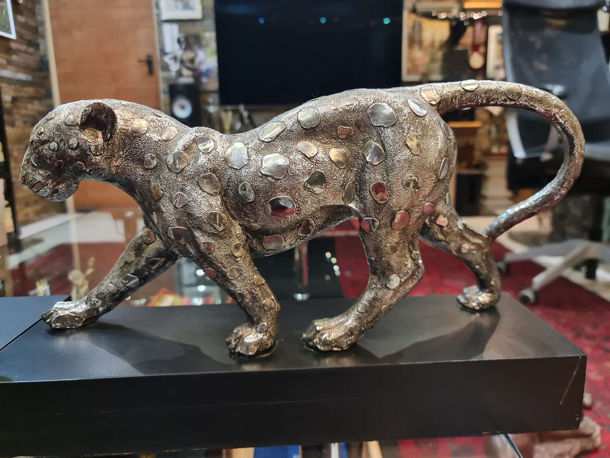 Silver Stalking Leopards  on Wooden Base