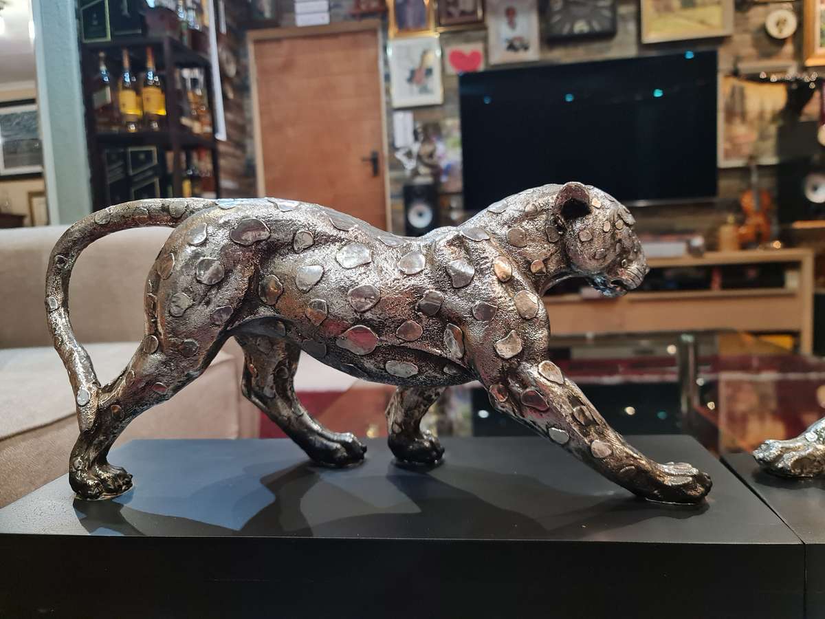 Silver Stalking Leopards  on Wooden Base
