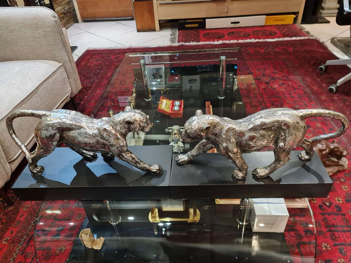 Silver Stalking Leopards  on Wooden Base