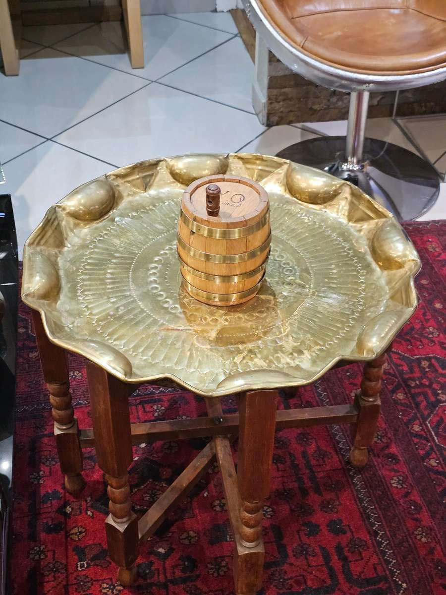Vintage circular brass and oak folding side table