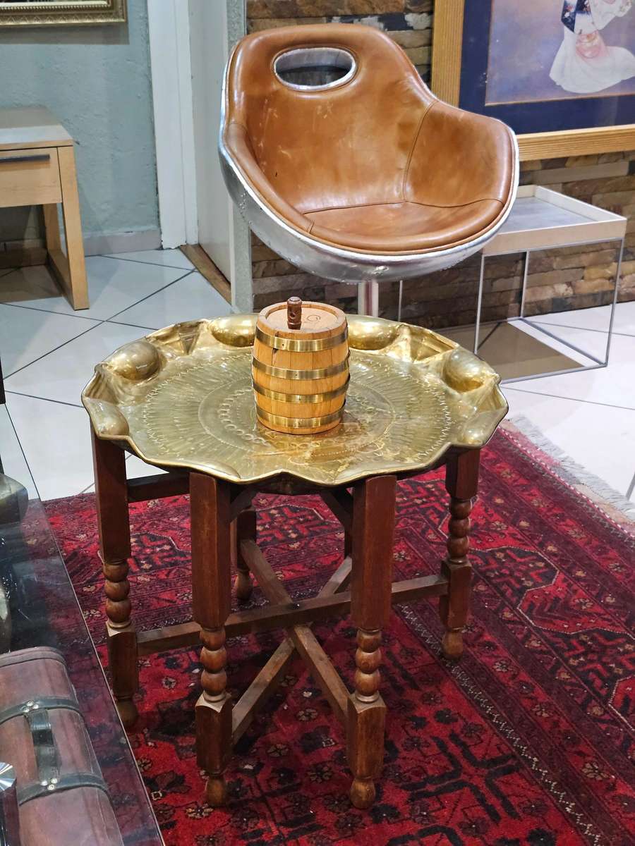 Vintage circular brass and oak folding side table