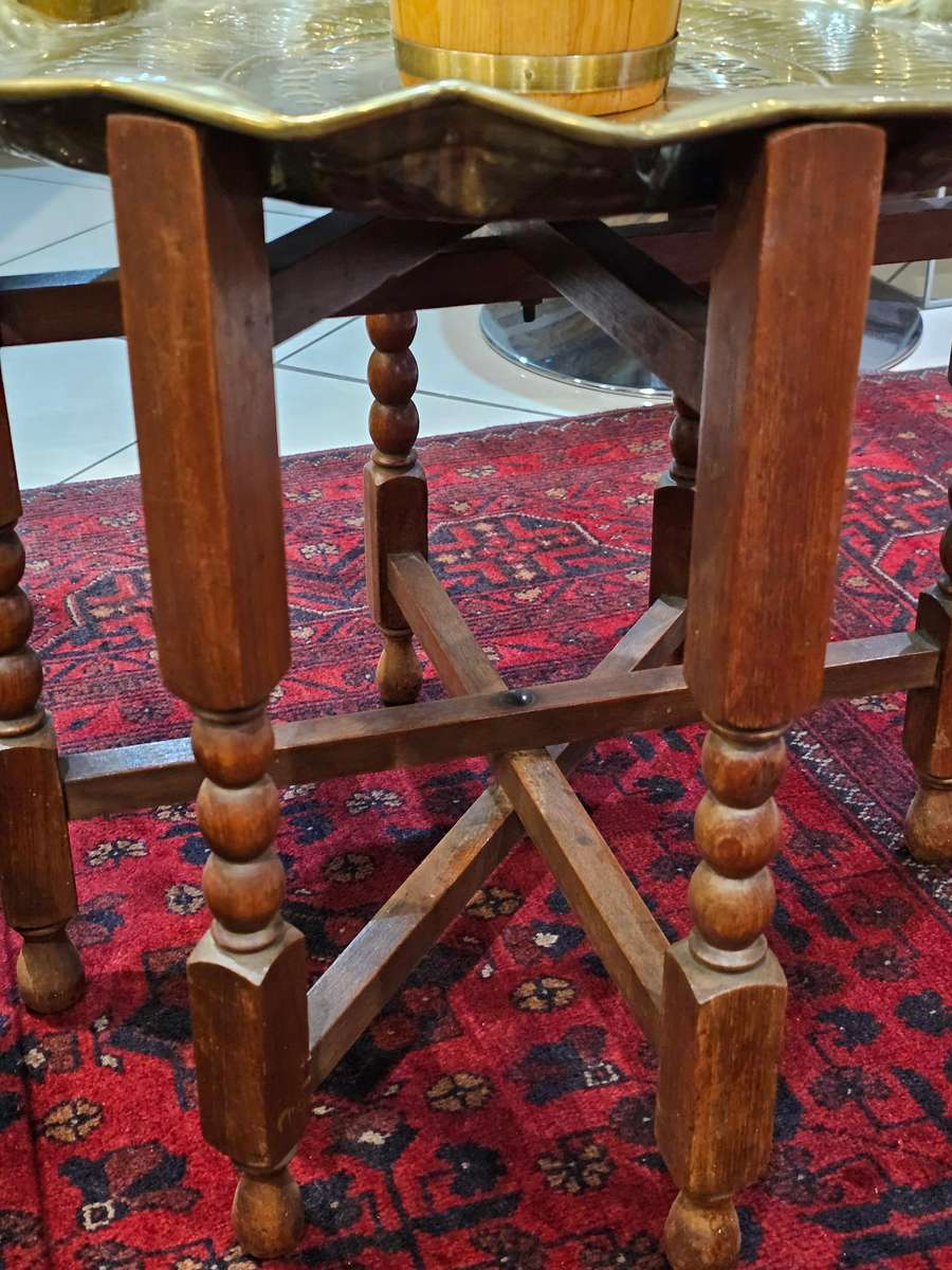 Vintage circular brass and oak folding side table