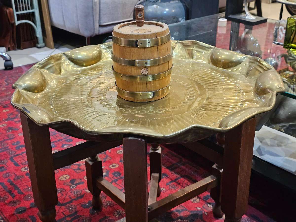 Vintage circular brass and oak folding side table