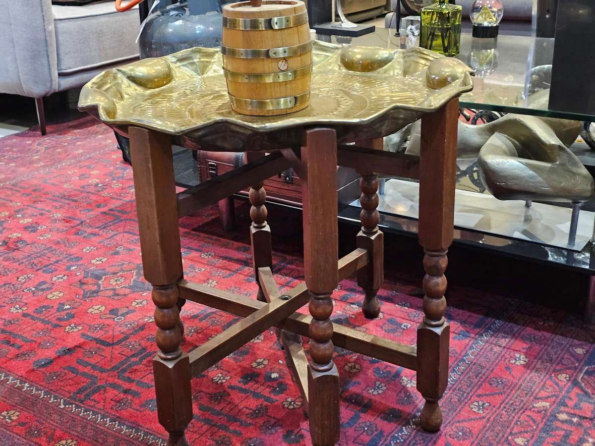 Vintage circular brass and oak folding side table