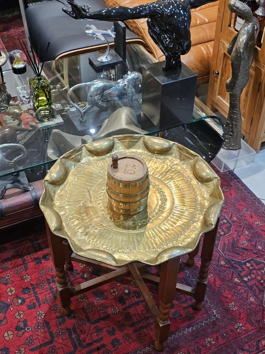 Vintage circular brass and oak folding side table