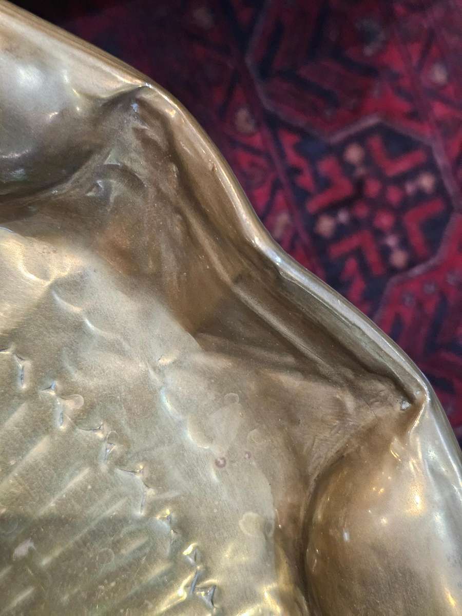 Vintage circular brass and oak folding side table