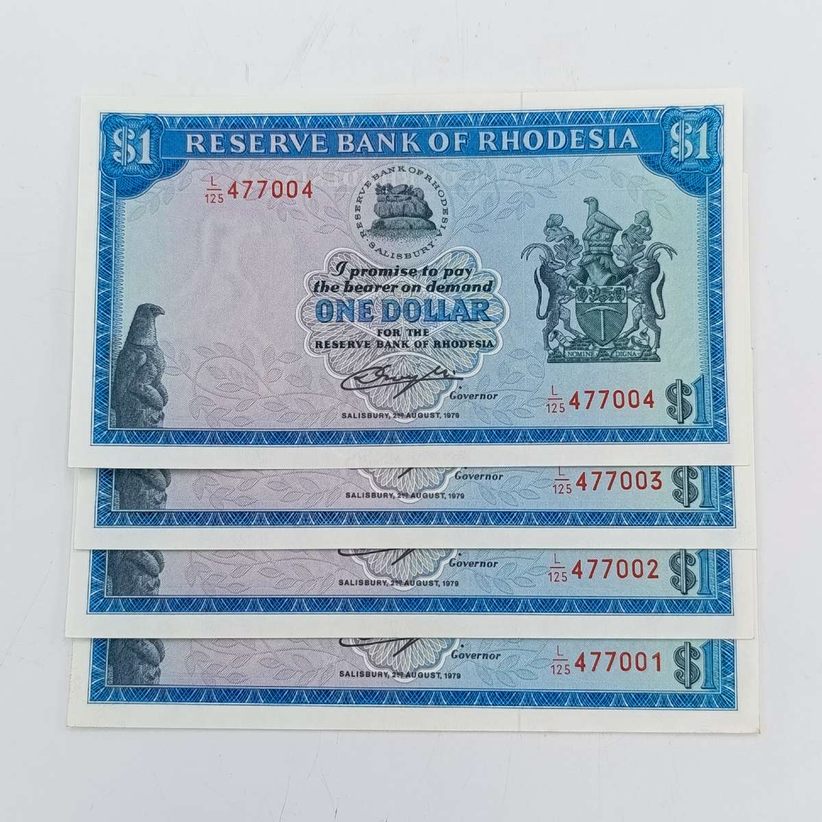 Rhodesia one dollar banknotes 2 August 1979 uncirculated consecutive lot of 4 notes