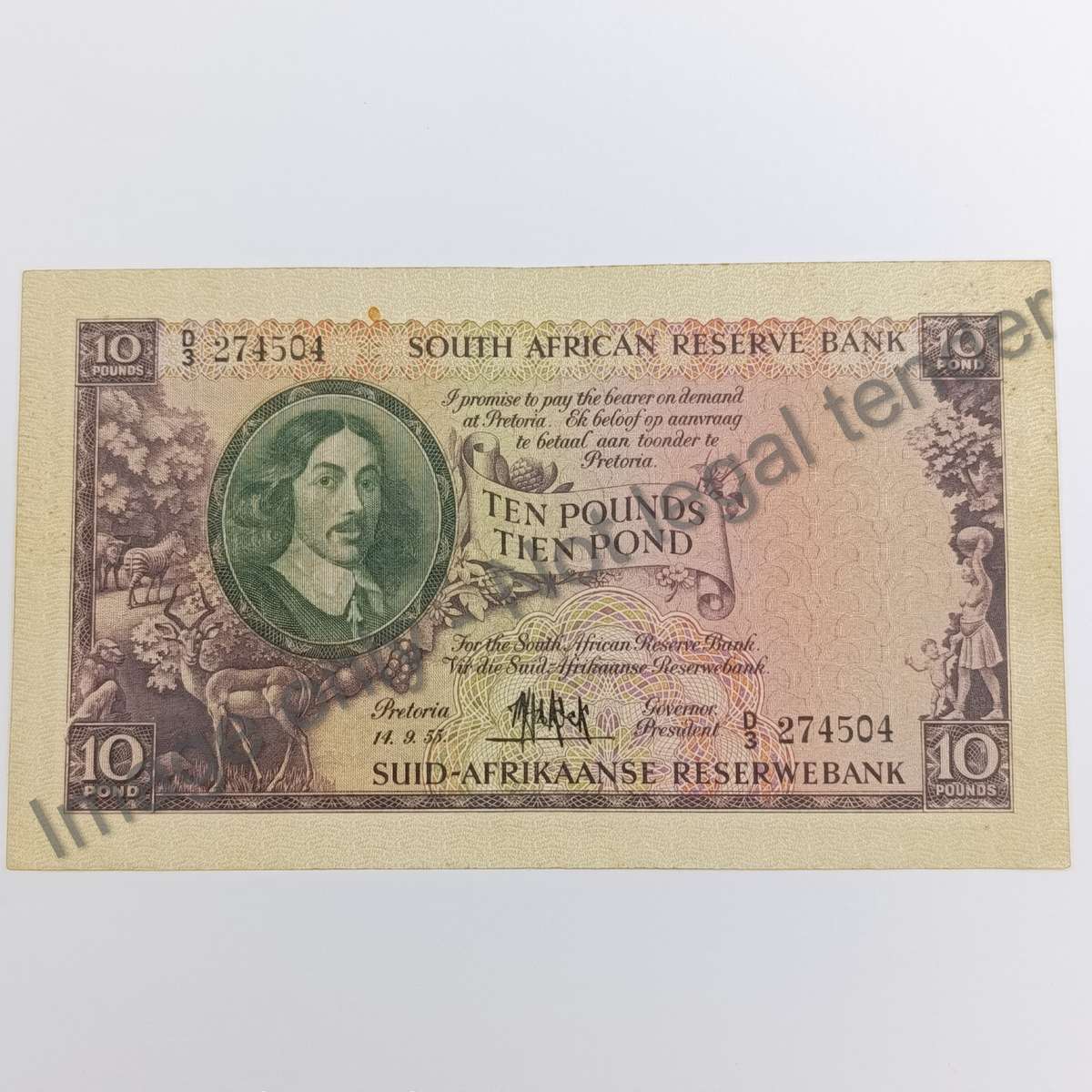 MH de Kock Banknote Ten Pounds 1955 AU