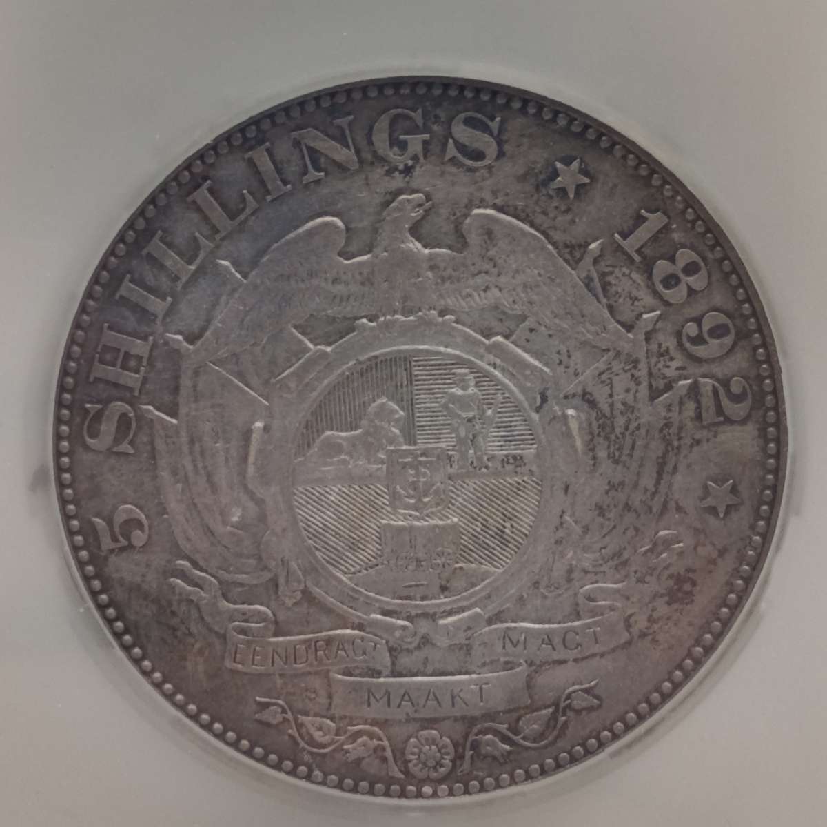 1892 ZAR Kruger silver 5 shilling crown single shaft graded AU53 by SANGS