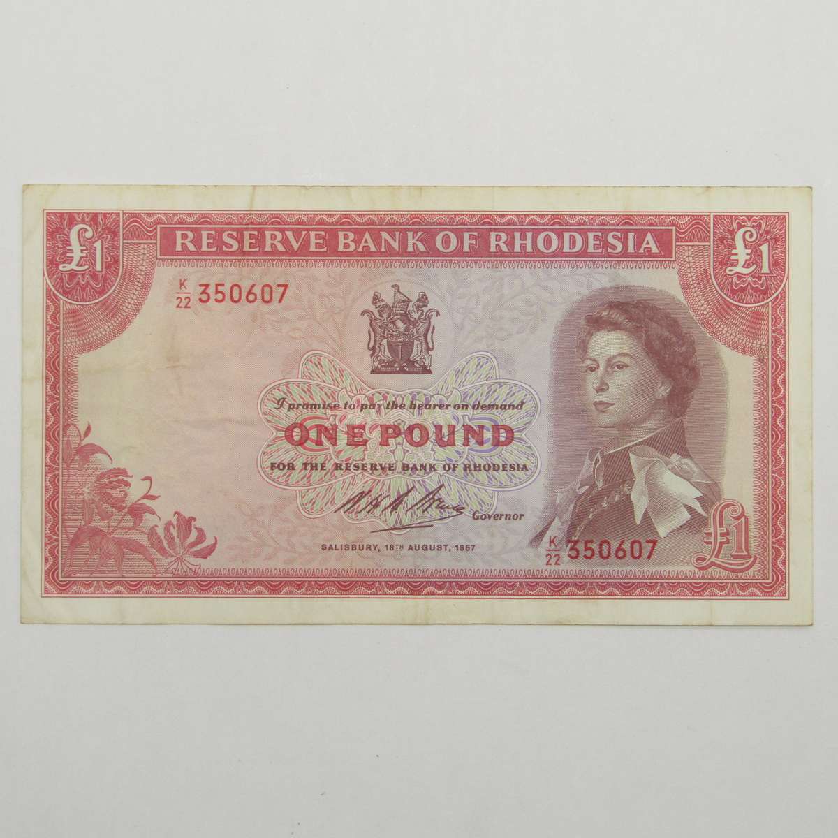 Rhodesia 8 August 1967 One Pound banknote - Pick 28b - VF