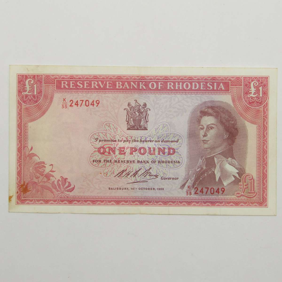 Rhodesia 14 Oct 1968 One Pound banknote - Pick 28d