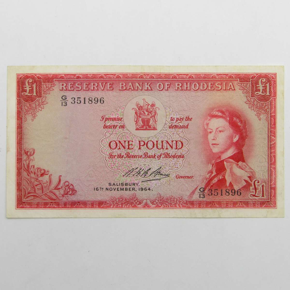 Rhodesia One Pound banknote - VF - 16 Nov 1964