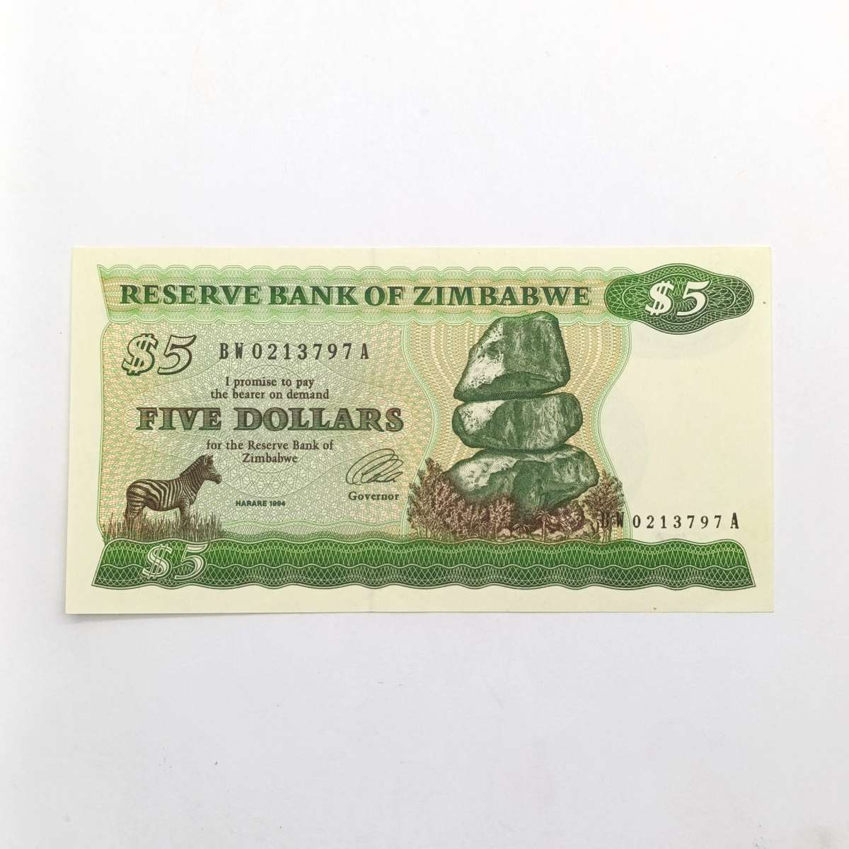 Zimbabwe 1994 2e long neck watermark $5 uncirculated set of 3 banknotes with consecutive numbers