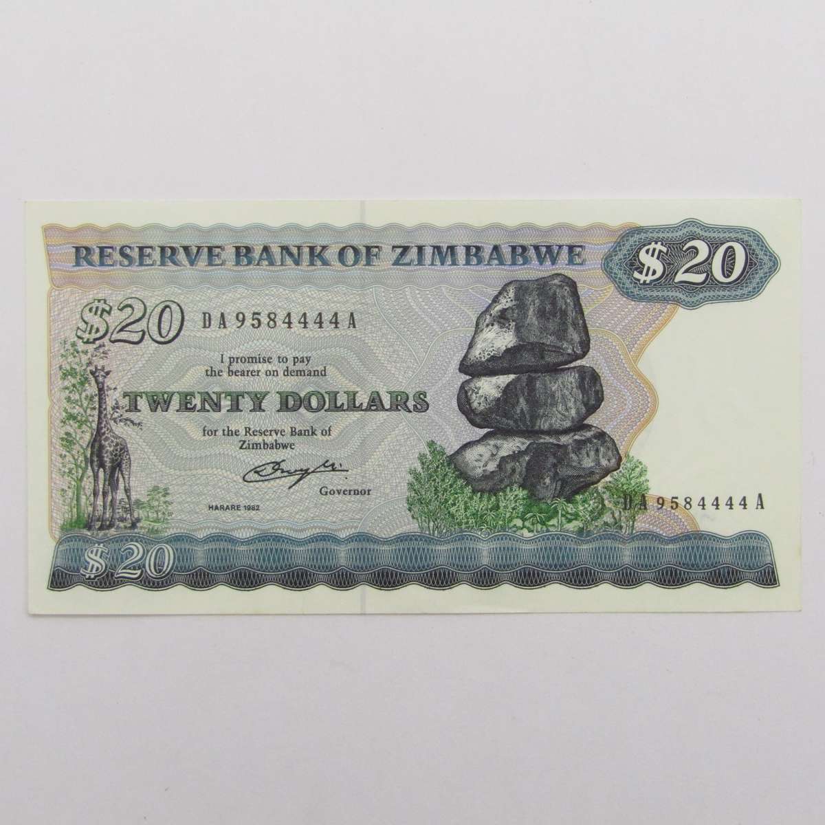 Zimbabwe 1982 Scarce Harare $20 uncirculated (UNC) banknote - ending on 4444