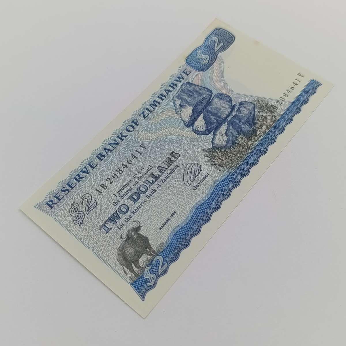 Zimbabwe $2 uncirculated banknote Pick 1d Harare 1994 long neck watermark