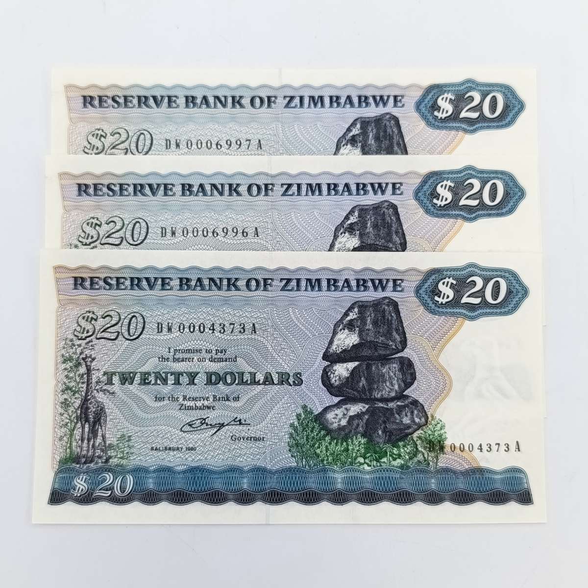 Lot of 3 Zimbabwe $20 replacement notes uncirculated - 2 with consecutive numbers Salisbury 1980