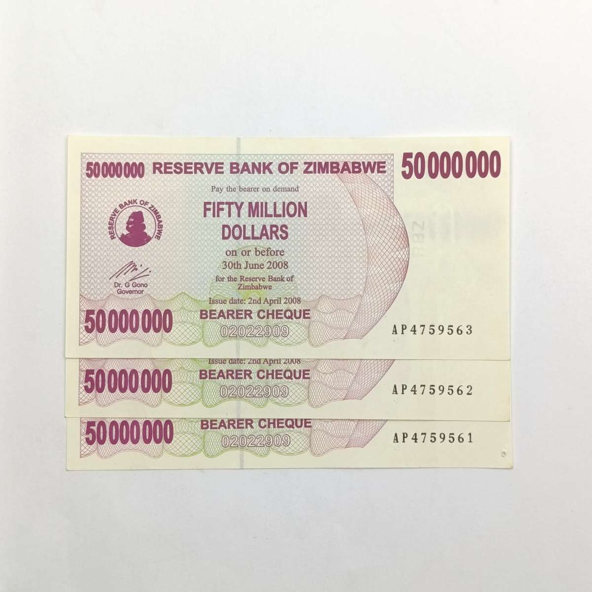 Zimbabwe 50 Million dollars bearer cheque issued 2-4-2008 3x consecutive numbered uncirculated notes