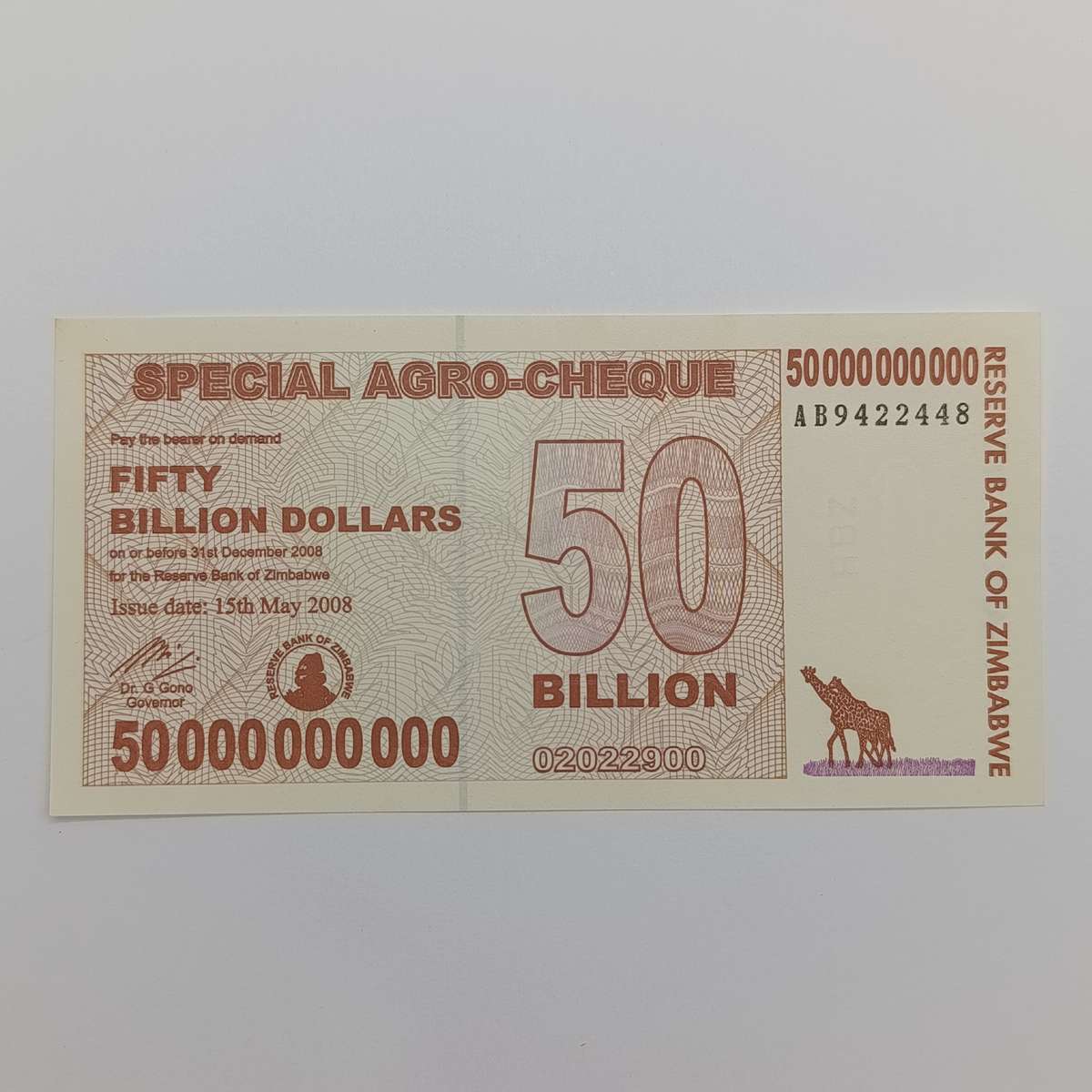 Zimbabwe 50 Billion dollars special Agro cheque uncirculated Issued 15 May 2008