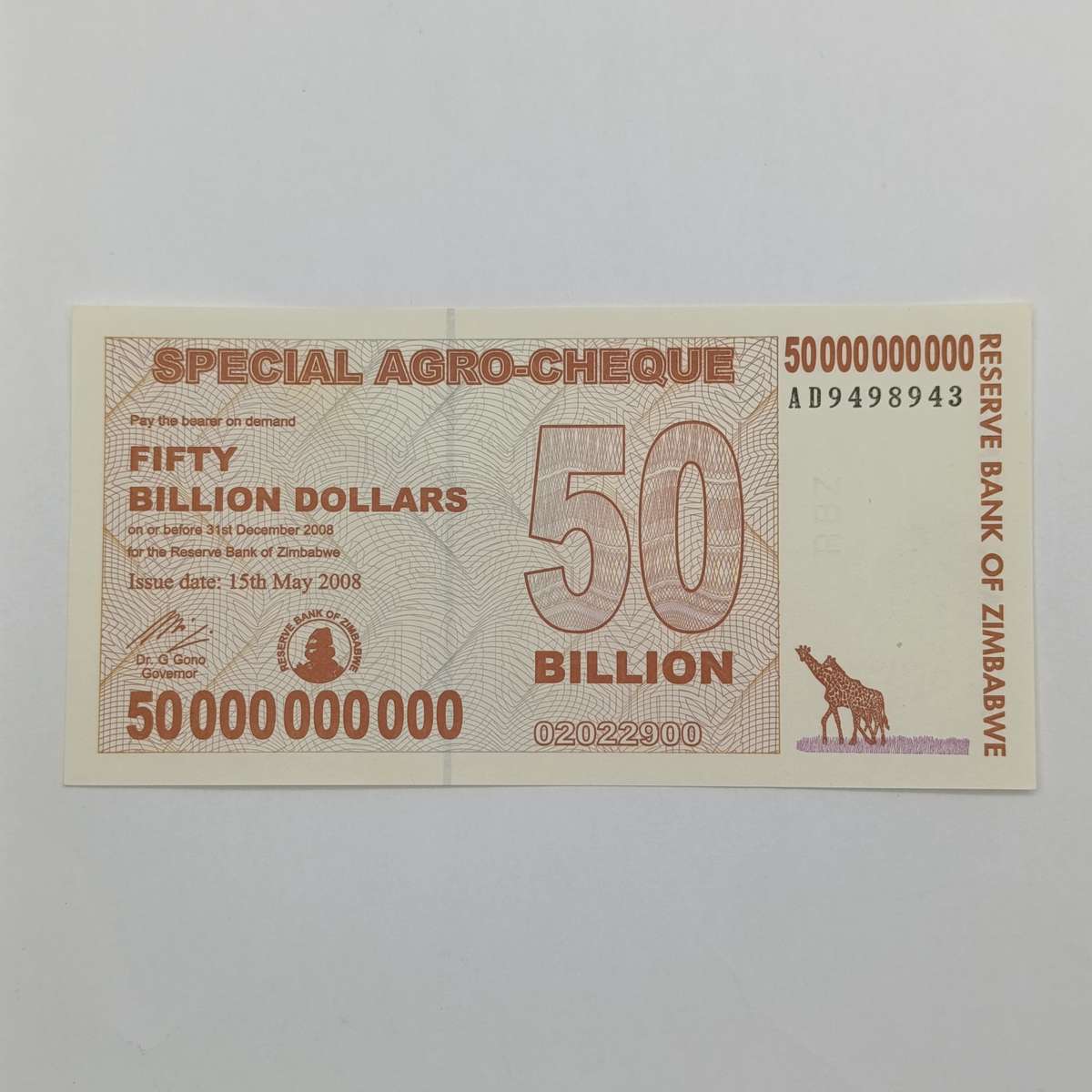 Zimbabwe 50 billion dollars special agro cheque issued 15 May 2008 uncirculated