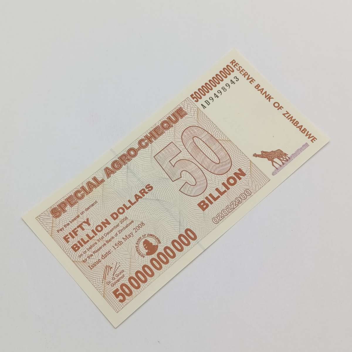 Zimbabwe 50 billion dollars special agro cheque issued 15 May 2008 uncirculated