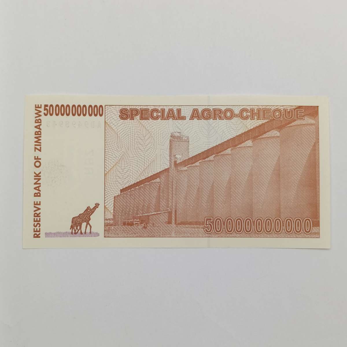 Zimbabwe 50 billion dollars special agro cheque issued 15 May 2008 uncirculated