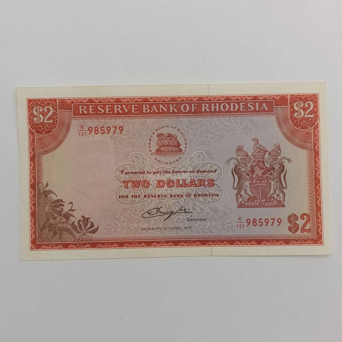 Rhodesia Two dollars banknote 15 April 1977 AU condition