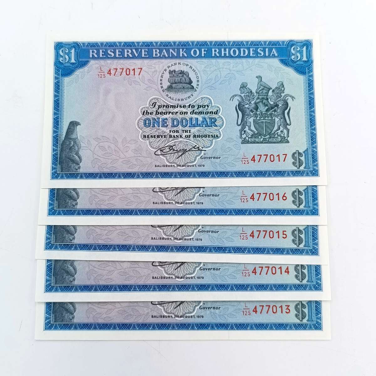 Rhodesia one dollar banknotes Salisbury 2 August 1979 uncirculated consecutive lot of 5 notes