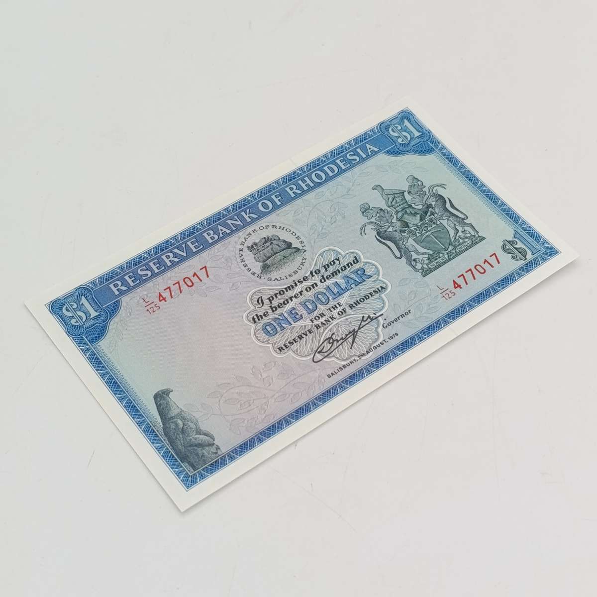 Rhodesia one dollar banknotes Salisbury 2 August 1979 uncirculated consecutive lot of 5 notes