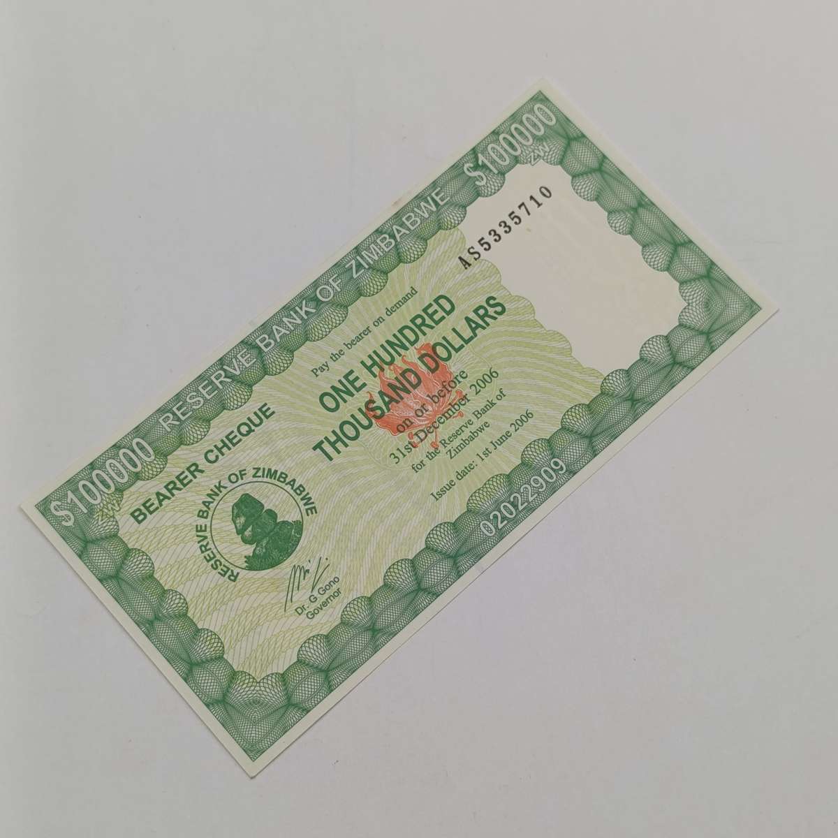 Zimbabwe One hundred thousand dollars 1 June 2006 Bearer cheque uncirculated
