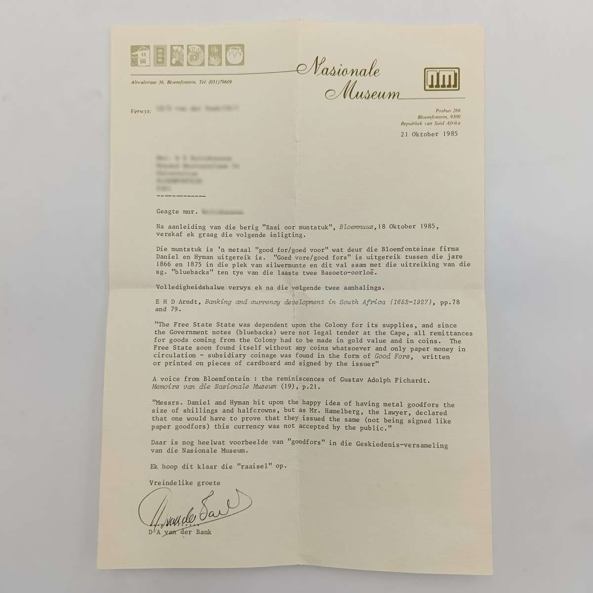 Daniel and Hyman Goed Voor 2 Shilling token with letter from National Museum