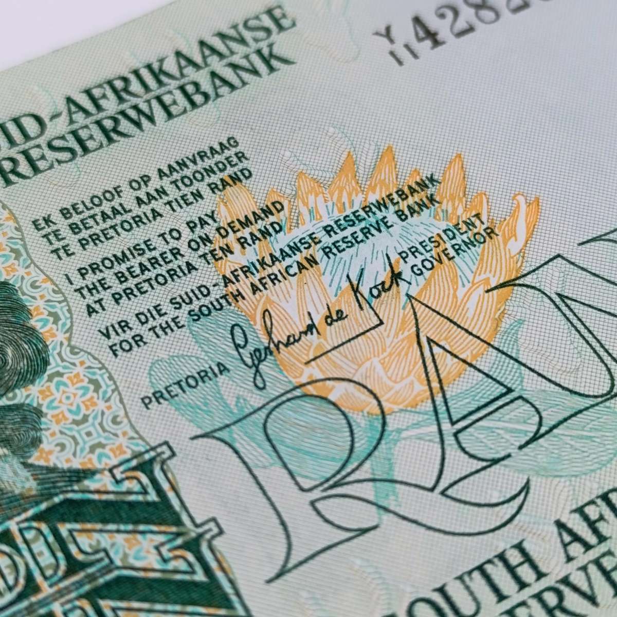 Gerhard de Kock Y11 replacement R10 note uncirculated - middle dent