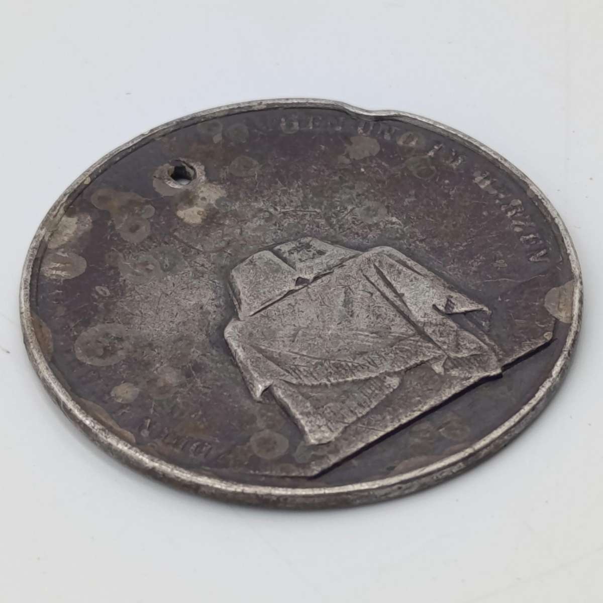 C. 1800's German Silver baptismal medallion - Holed - Tobias 4:6 - weighs 16.4g