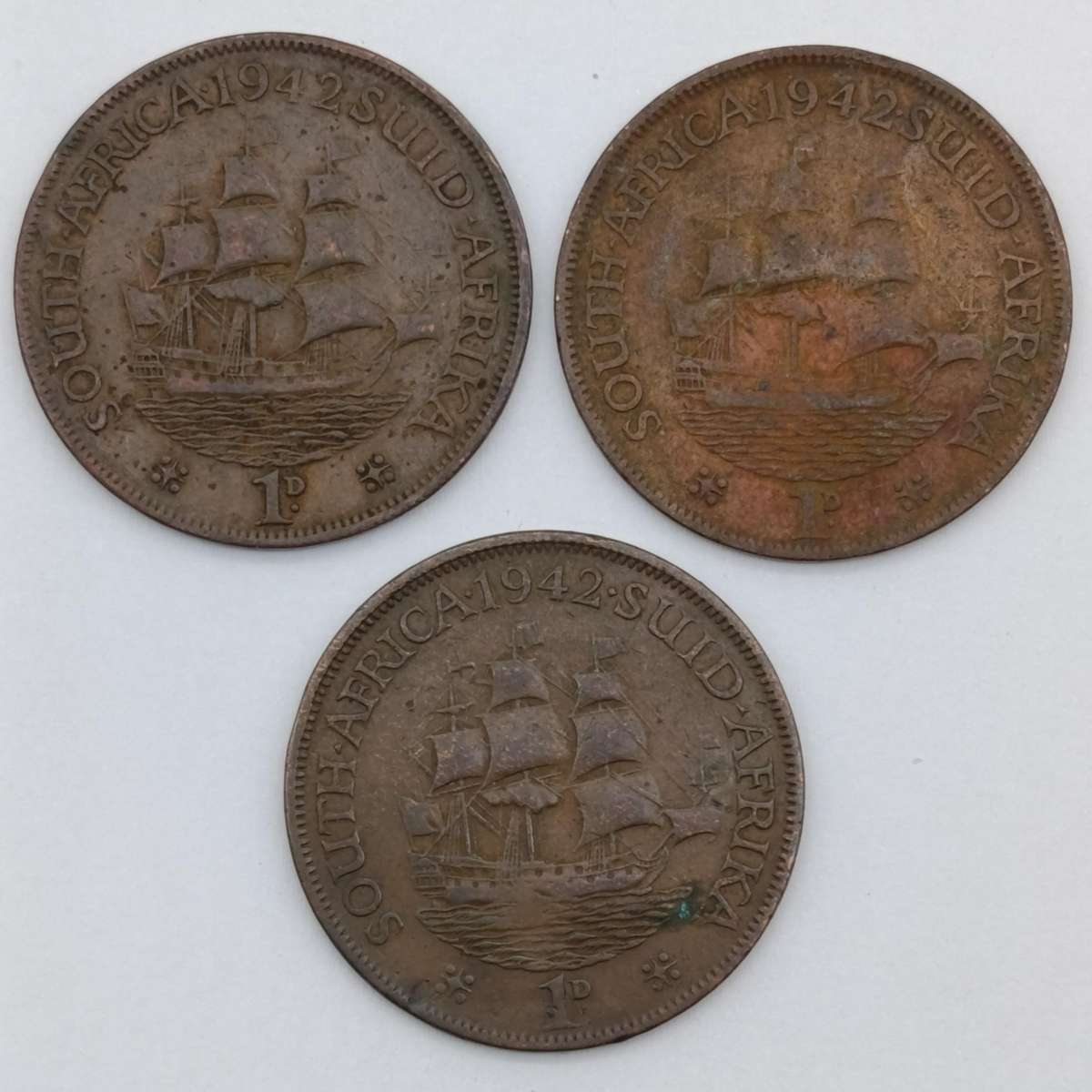 1942 South Africa Penny - 3 variations stop after 1942 no stop after 1942 4 and 2 wide apart