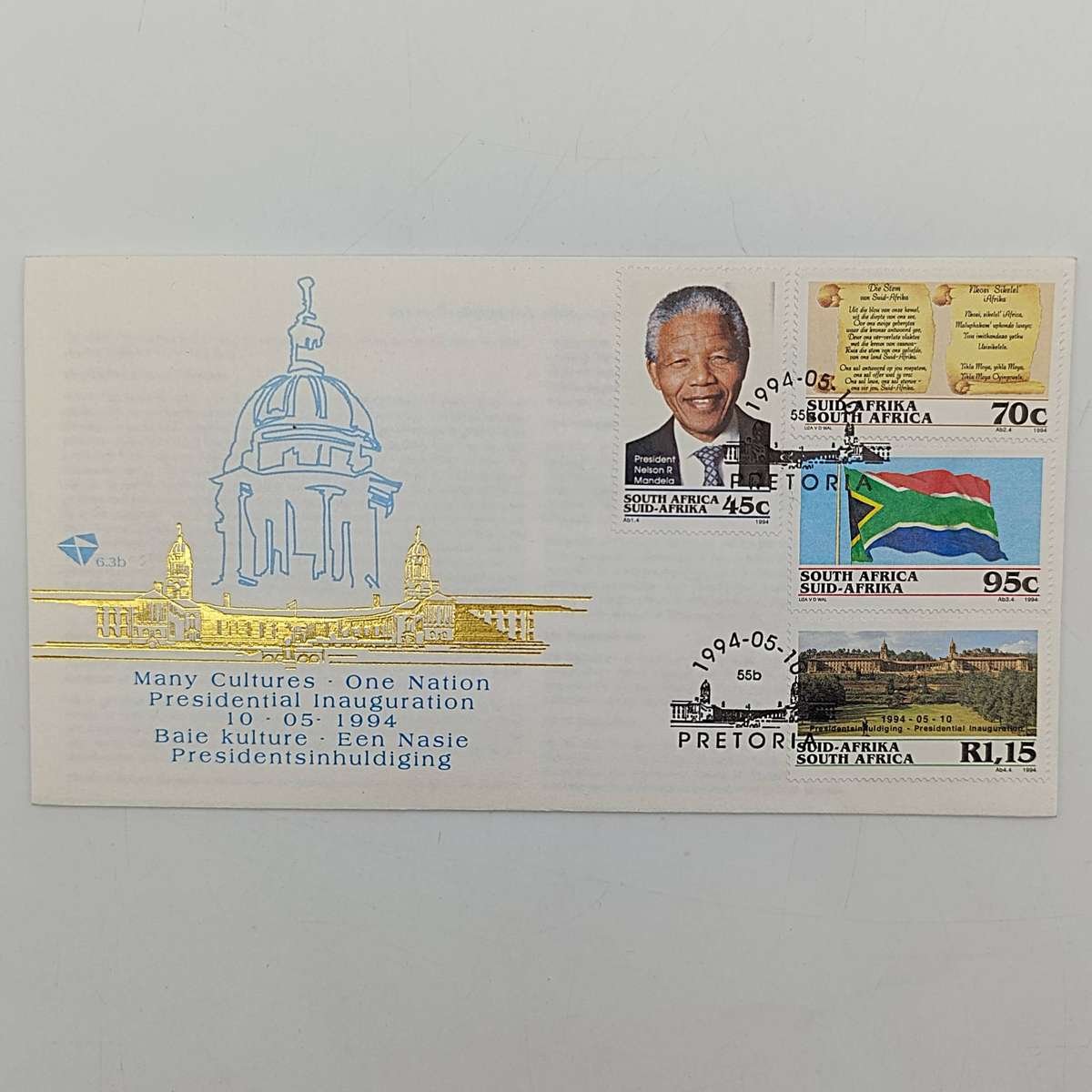 Mandela set with FDC 6.3b inauguration FDC 6.3c with proof R5 1994 plus year 2000 R5 Mandela and yea