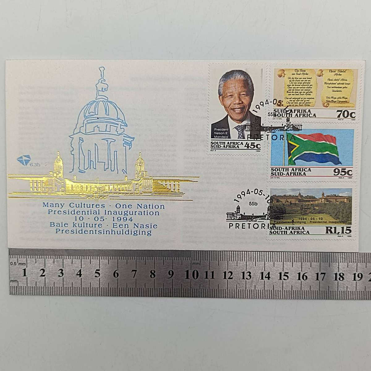 Mandela set with FDC 6.3b inauguration FDC 6.3c with proof R5 1994 plus year 2000 R5 Mandela and yea