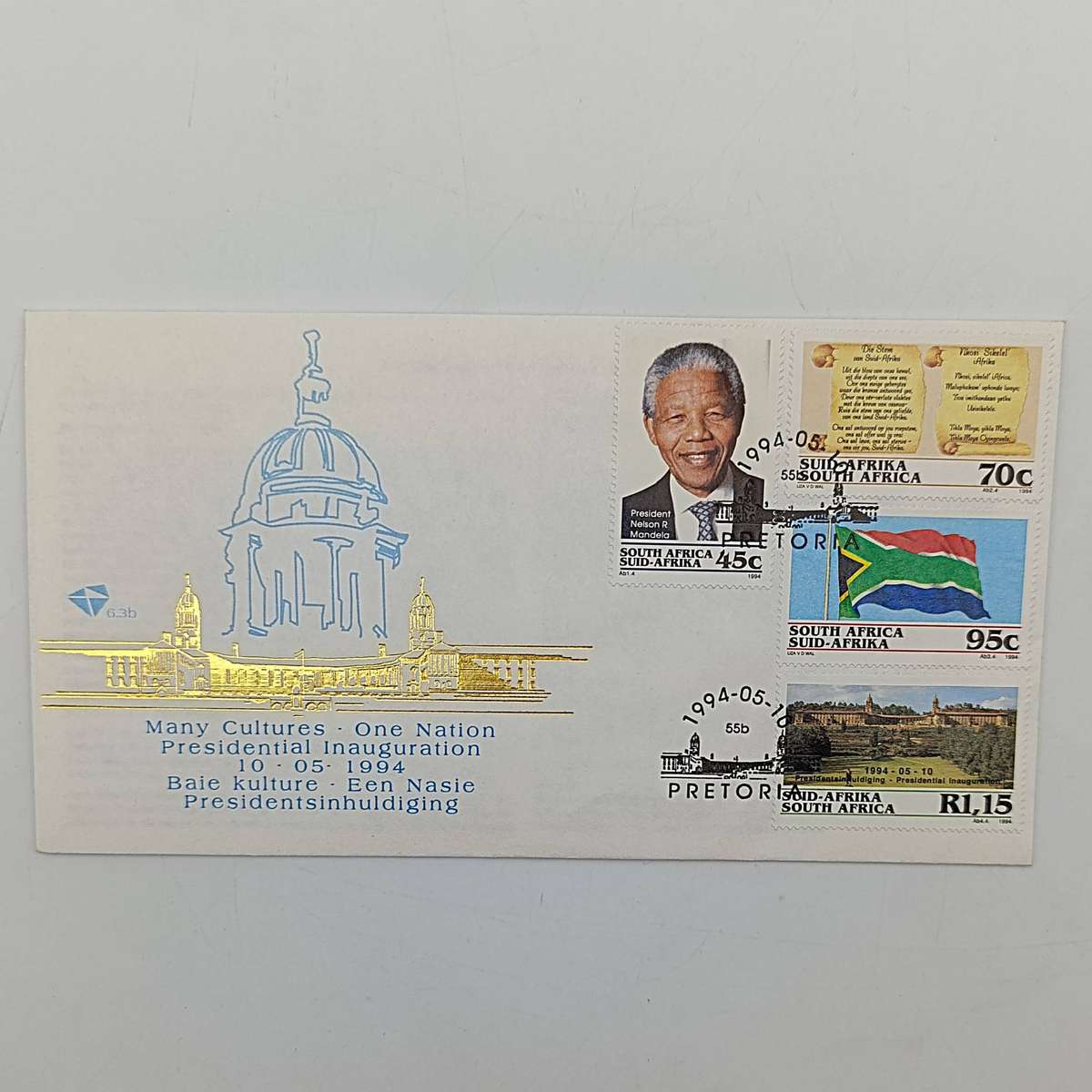 Mandela set with FDC 6.3b inauguration, FDC 6.3c with proof R5 plus year 2000 R5 Mandela
