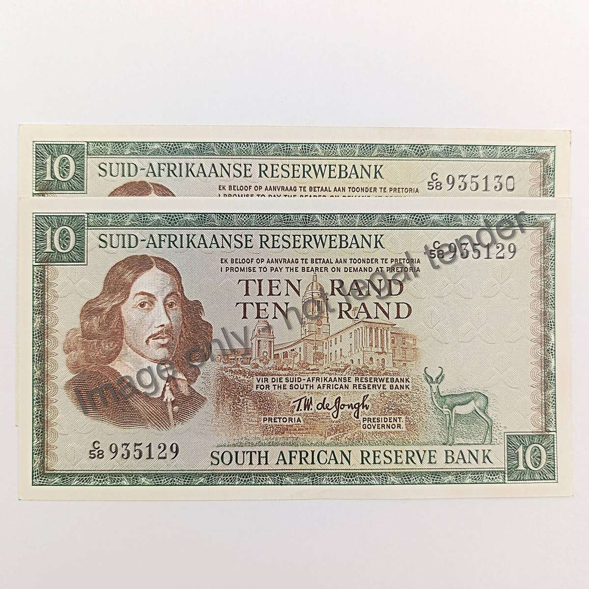 South Africa TW de Jongh First Issue Pair of R10 banknotes with consecutive number - uncirculated