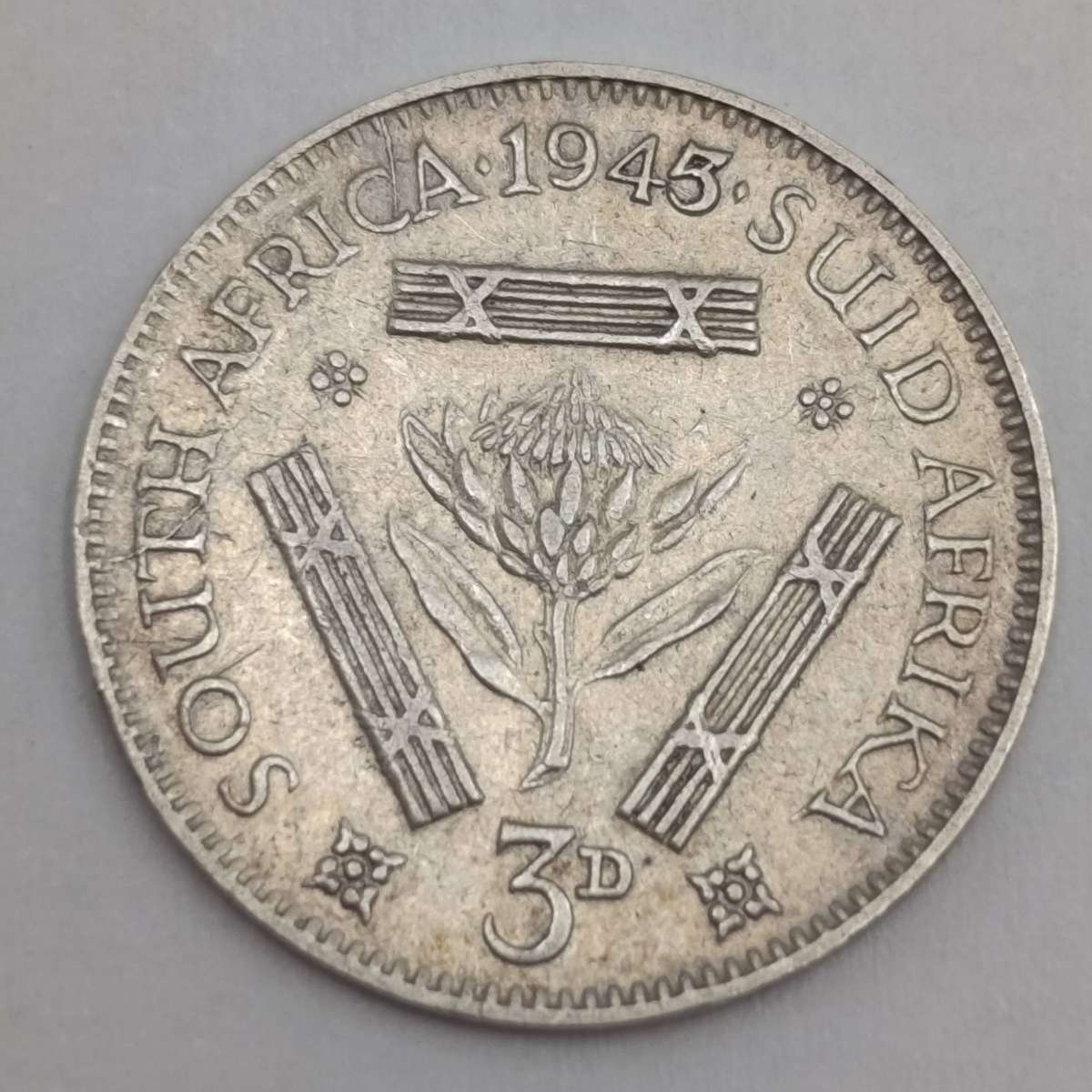 South Africa 1945 Over 1943 Tickey 3d Coin XF+ Condition