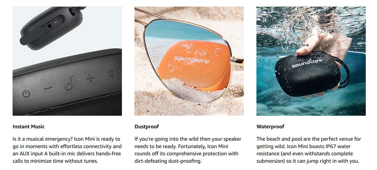 Anker Icon Mini, Waterproof Bluetooth Speaker with Explosive Sound, IP67 Wcore