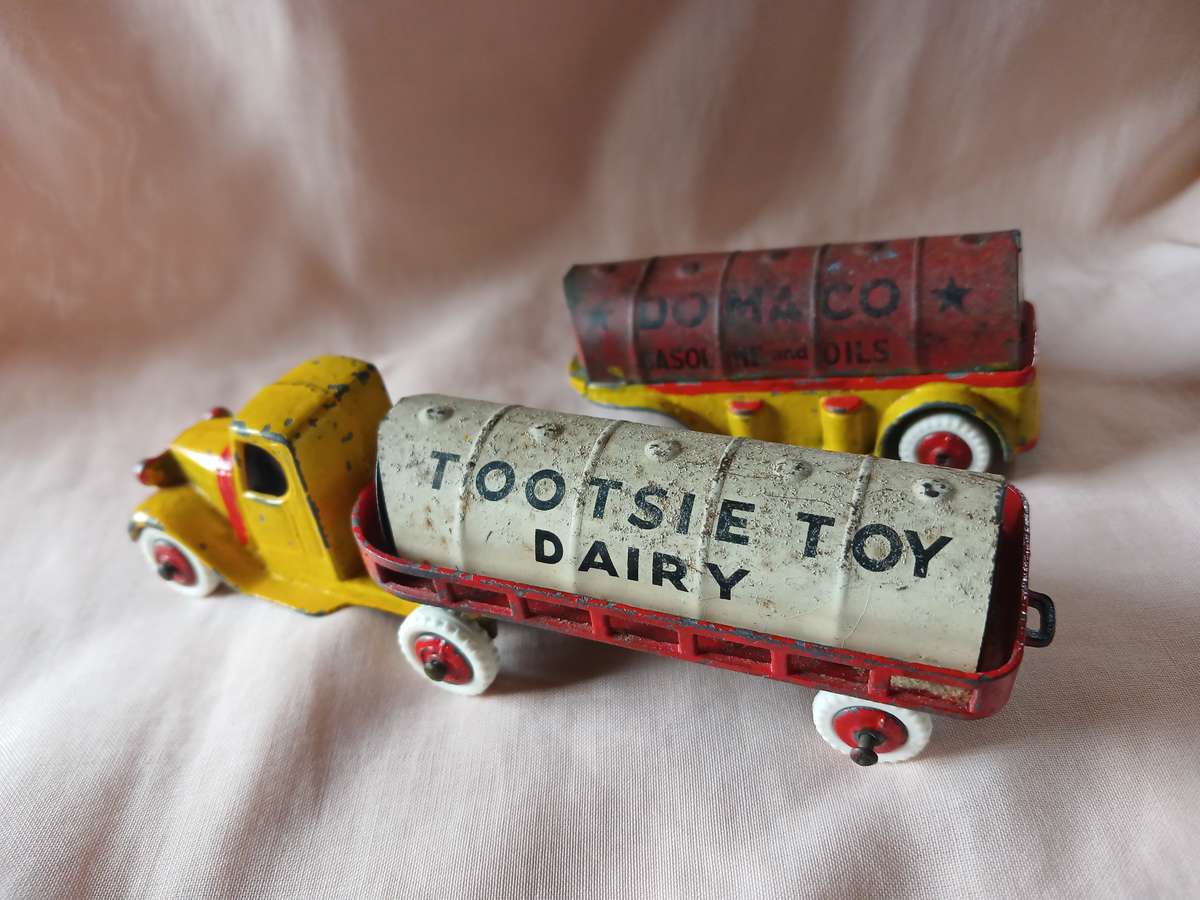 Tootsie toys.Rare Mack truck with two tankers.circa 1930's.Made in USA.Like dinky.