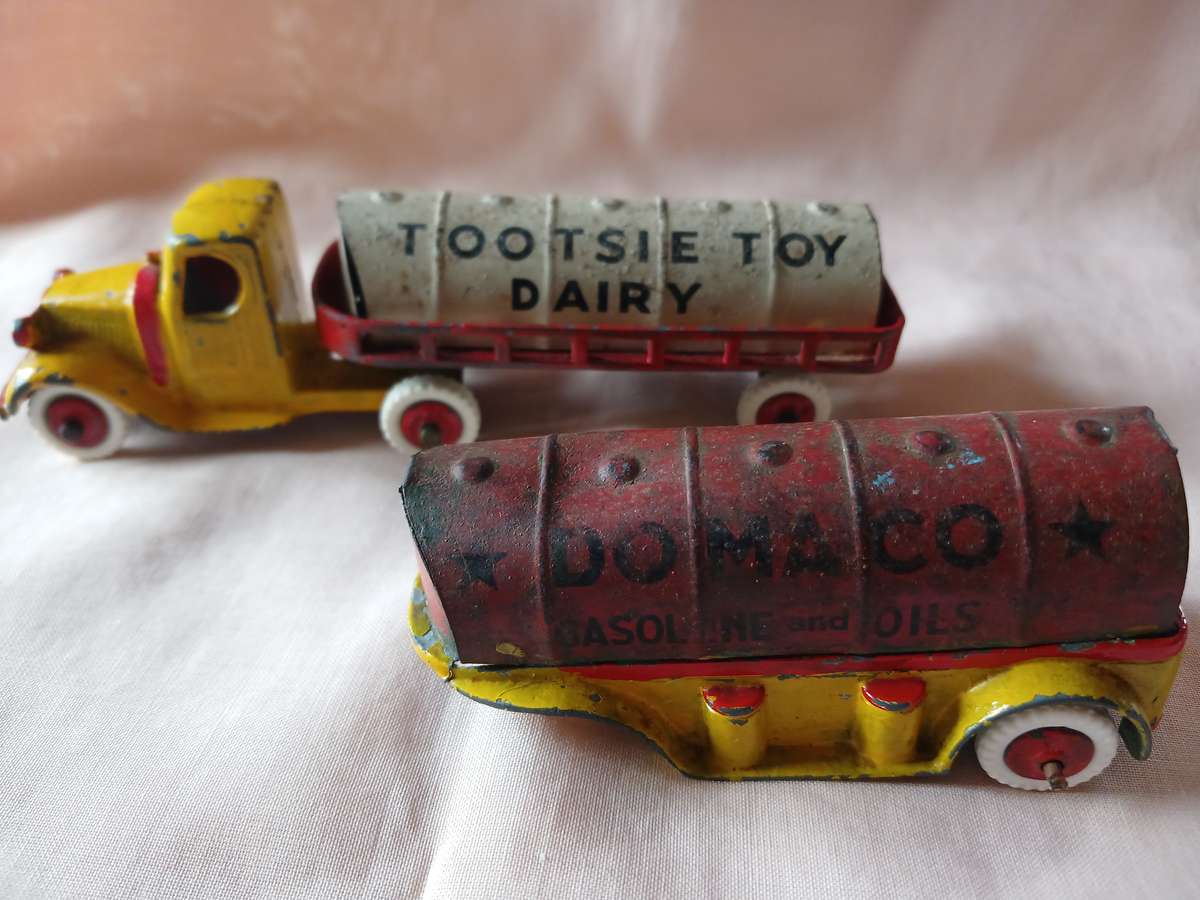 Tootsie toys.Rare Mack truck with two tankers.circa 1930's.Made in USA.Like dinky.