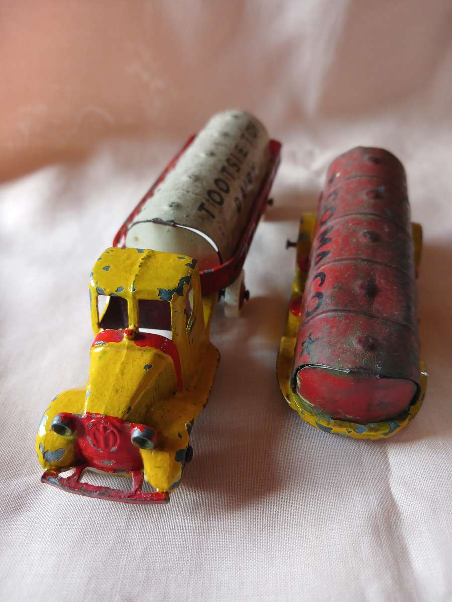 Tootsie toys.Rare Mack truck with two tankers.circa 1930's.Made in USA.Like dinky.