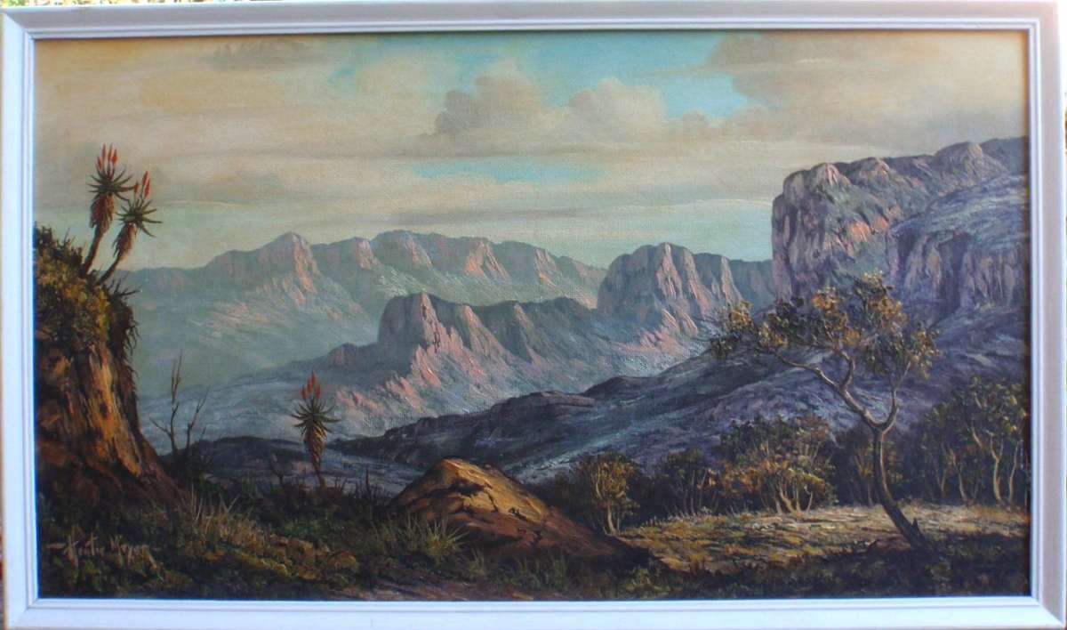 South African investment art Hentie Meyer. Listed artist Strauss & Co. Magnificent mountainscape.