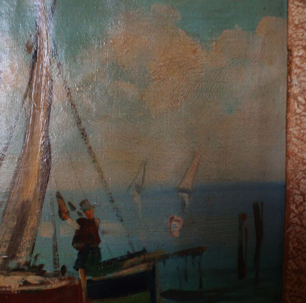 Antique original oil painting on canvas. Fishing boats on beach. In original frame. Charming piece.