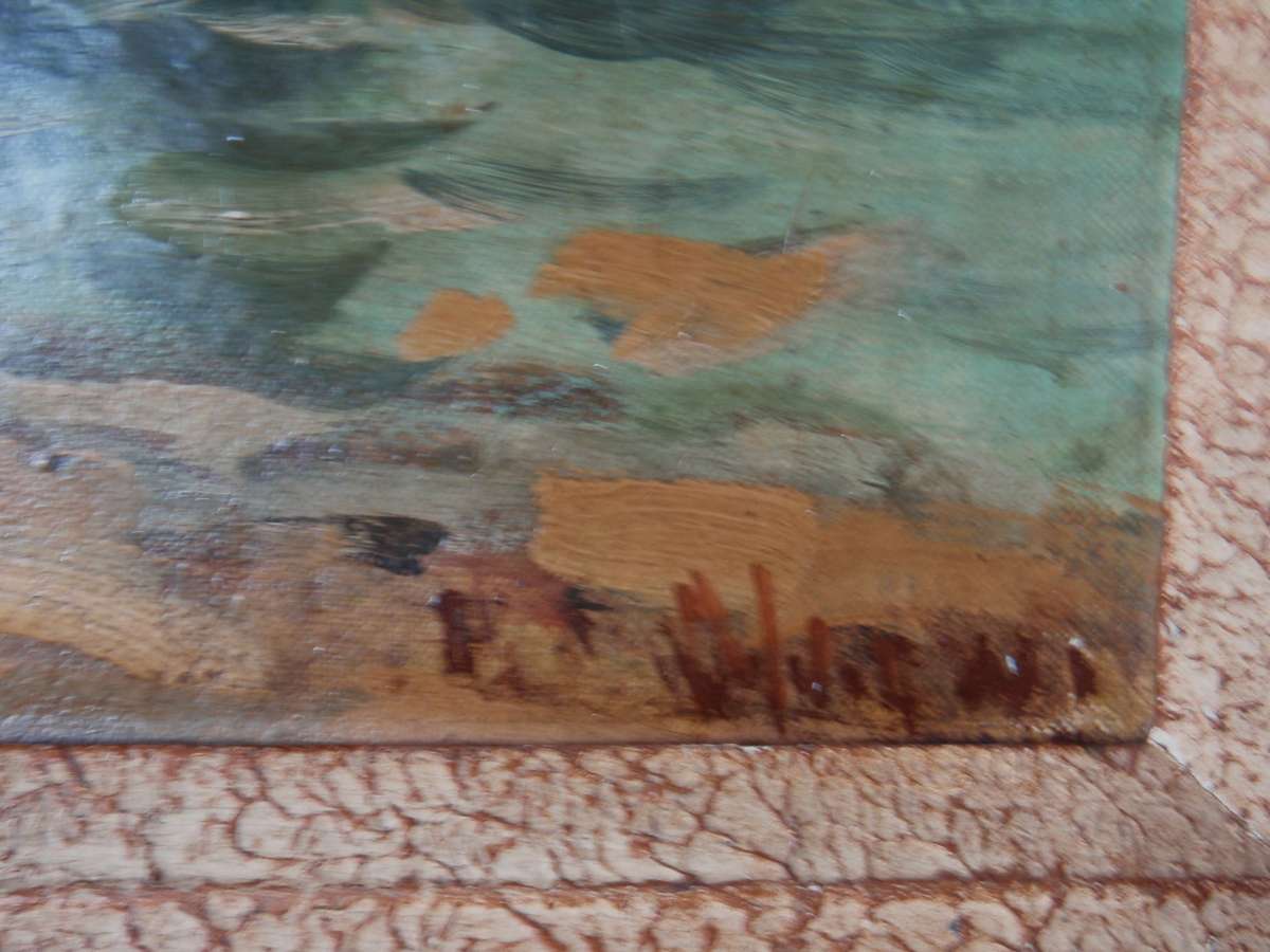 Antique original oil painting on canvas. Fishing boats on beach. In original frame. Charming piece.