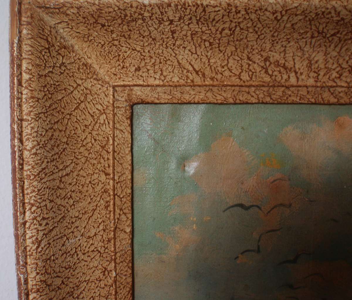 Antique original oil painting on canvas. Fishing boats on beach. In original frame. Charming piece.