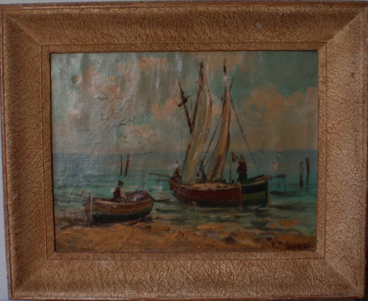 Antique original oil painting on canvas. Fishing boats on beach. In original frame. Charming piece.