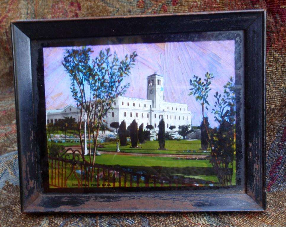 Miniature painting of Brakpan Town Hall on butterfly wings, unique piece made in UK