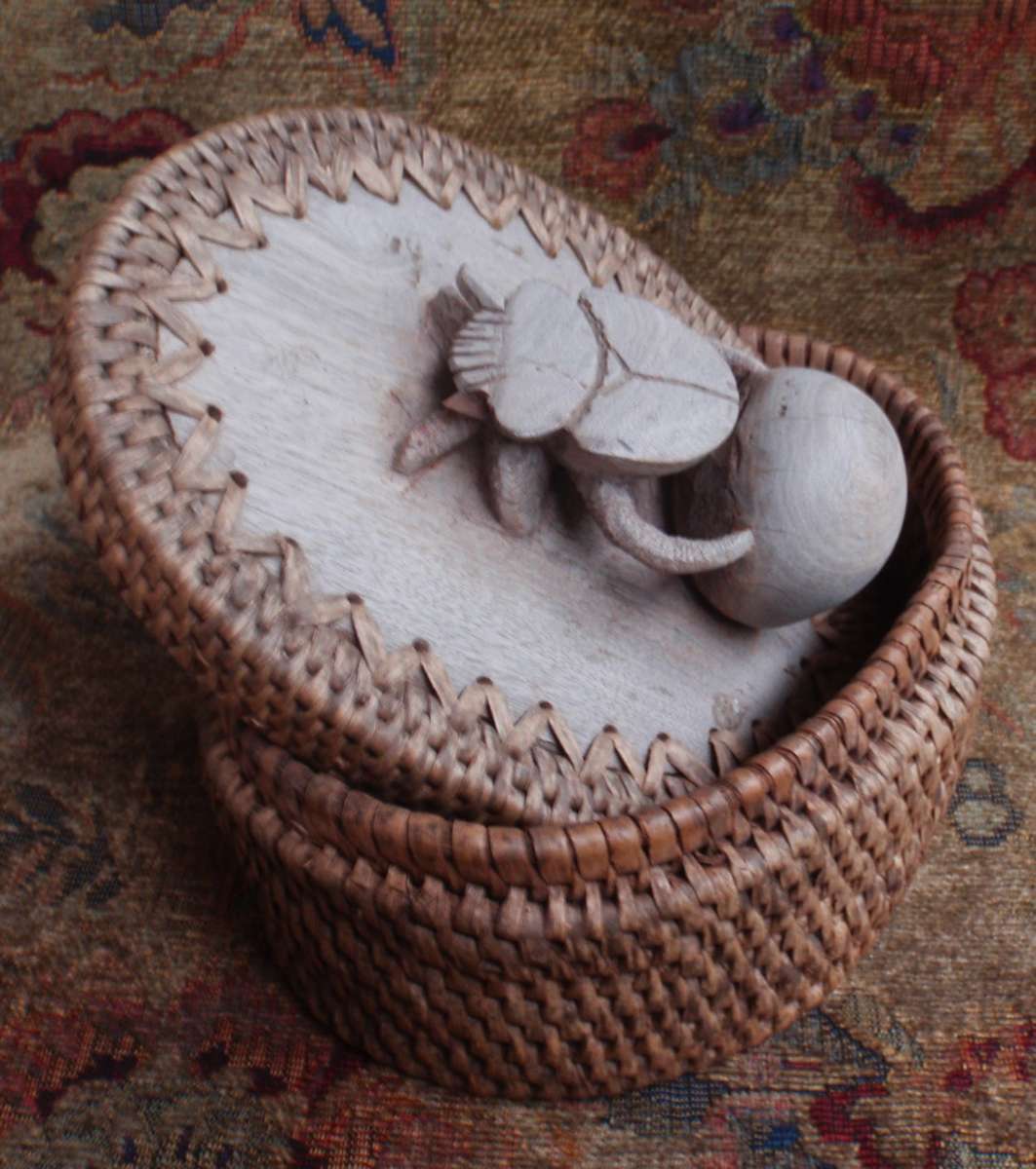 Dung Beetle or Scarab hand carved from solid piece of wood, lid for hand woven basket, Mozambique
